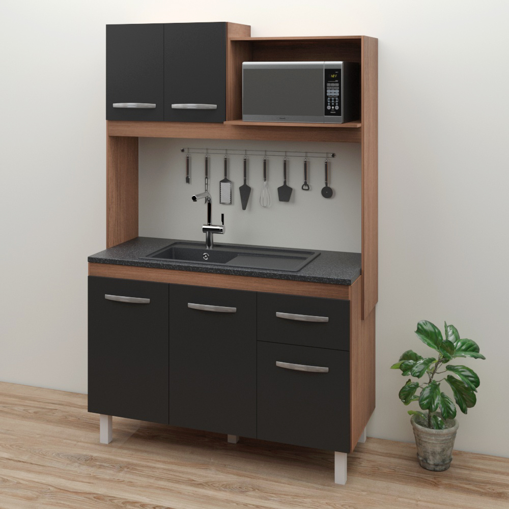 Armário Gabinete de Cozinha para pia de 120 cm Compacto 4 portas 3 gavetas Vitória Moblis Móveis Savana Frente Preta 
