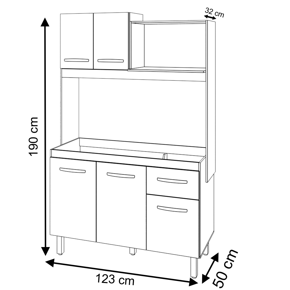 Armário Gabinete de Cozinha para pia de 120 cm Compacto 4 portas 3 gavetas Vitória Moblis Móveis Savana Frente Preta 