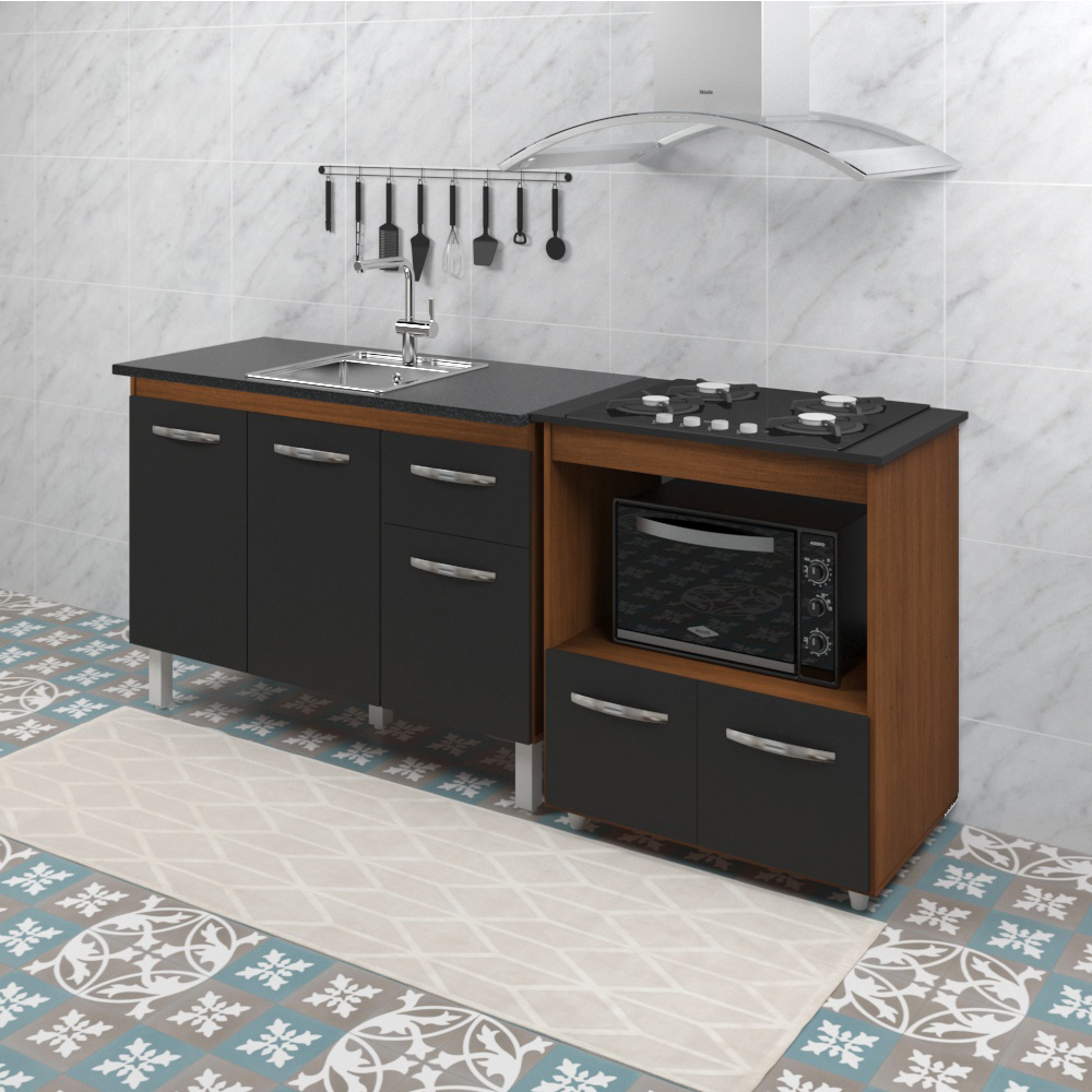 Armário Gabinete pia de 120 cm Anitta com Balcão Cooktop 4 bocas e Forno Elisa Savana frente preta 