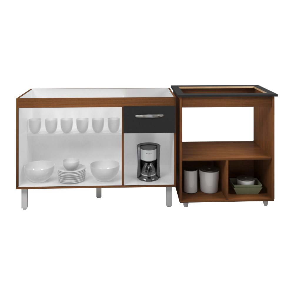 Armário Gabinete pia de 120 cm Anitta com Balcão Cooktop 5 bocas e Forno Elisa Savana frente preta 