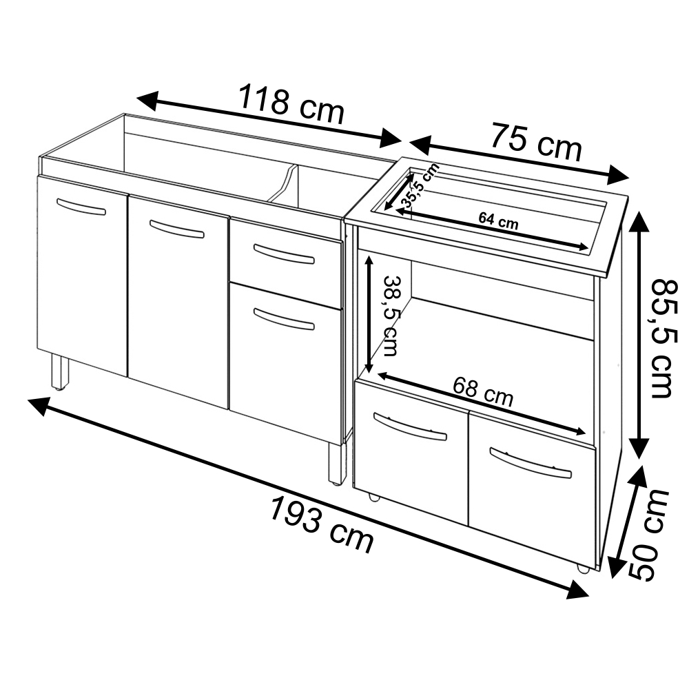 Armário Gabinete pia de 120 cm Anitta com Balcão Cooktop 5 bocas e Forno Elisa Savana frente preta 