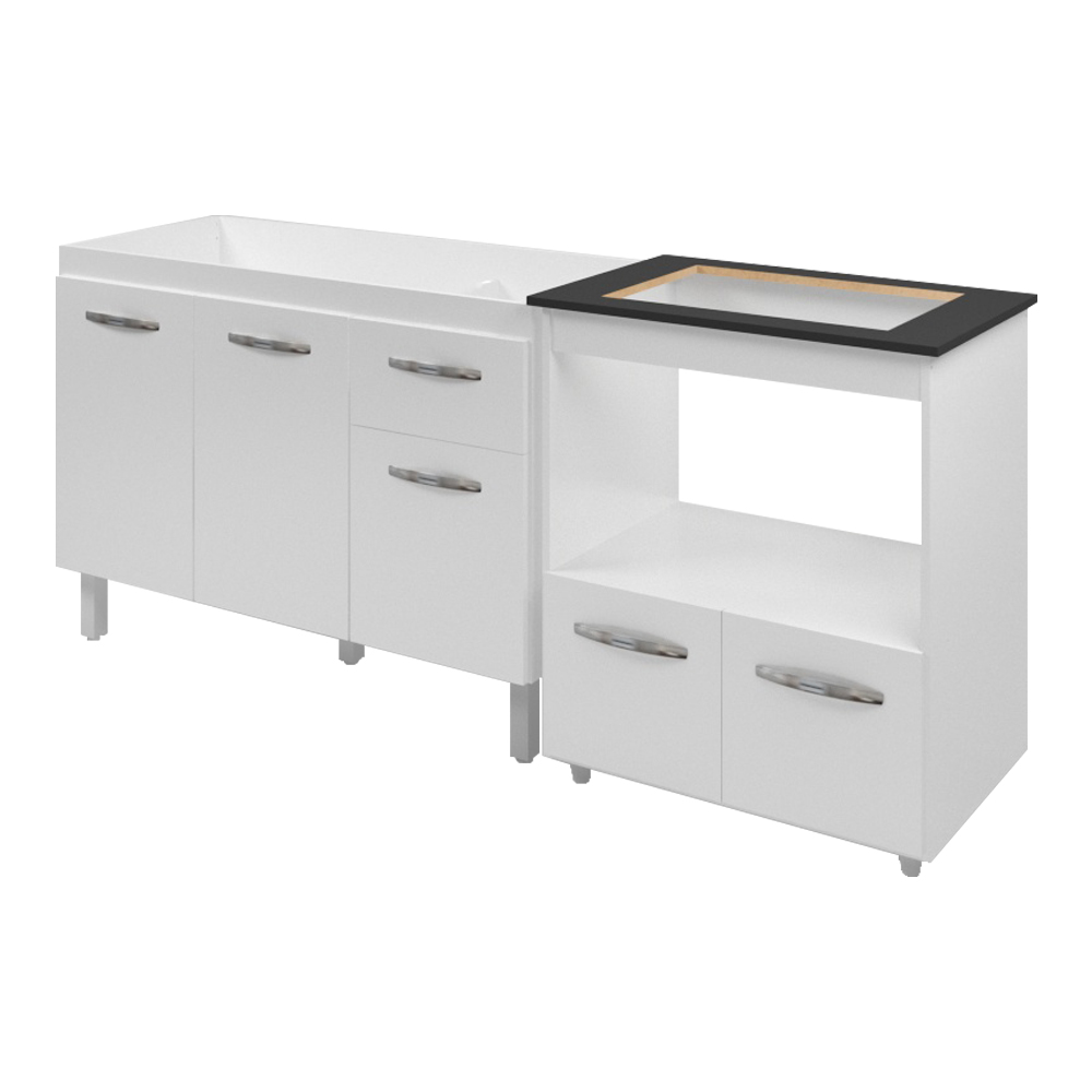 Armário Gabinete pia de 120 cm com Balcão Cooktop 4 Bocas e Forno Branco 