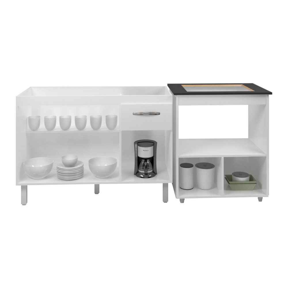 Armário Gabinete pia de 120 cm com Balcão Cooktop 4 Bocas e Forno Branco 