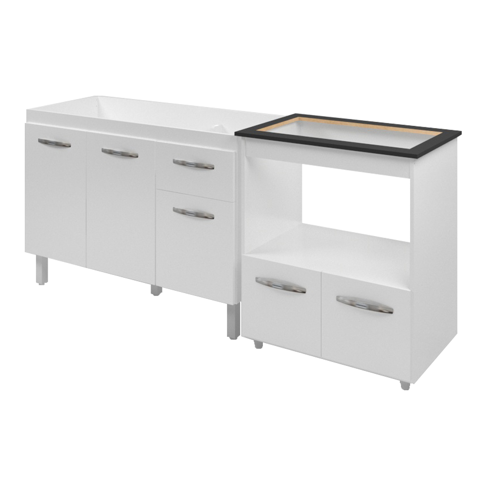 Armário Gabinete pia de 120 cm com Balcão Cooktop 5 Bocas e Forno Branco 