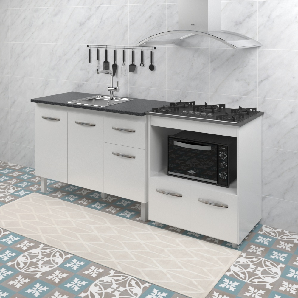 Armário Gabinete pia de 120 cm com Balcão Cooktop 5 Bocas e Forno Branco 