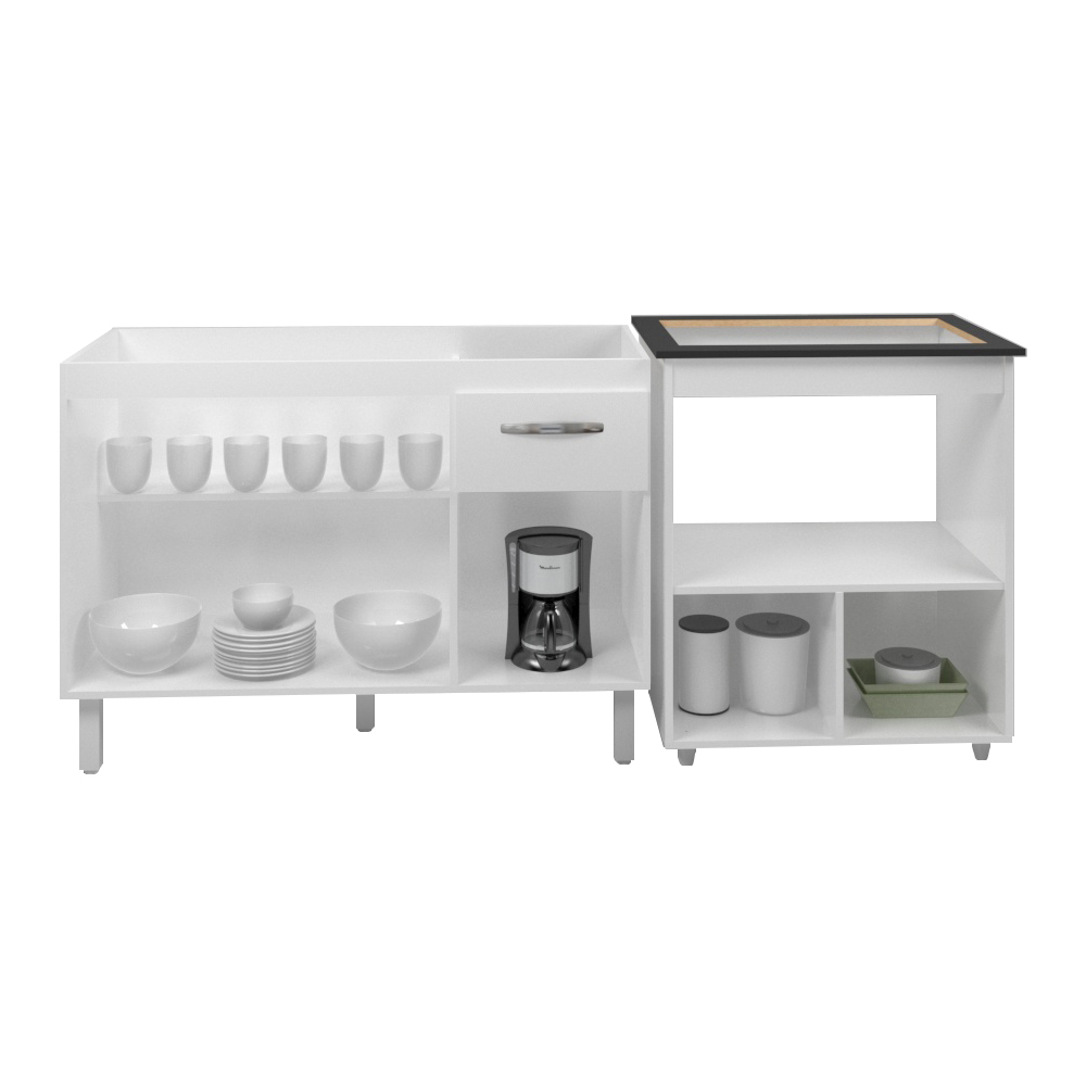 Armário Gabinete pia de 120 cm com Balcão Cooktop 5 Bocas e Forno Branco 