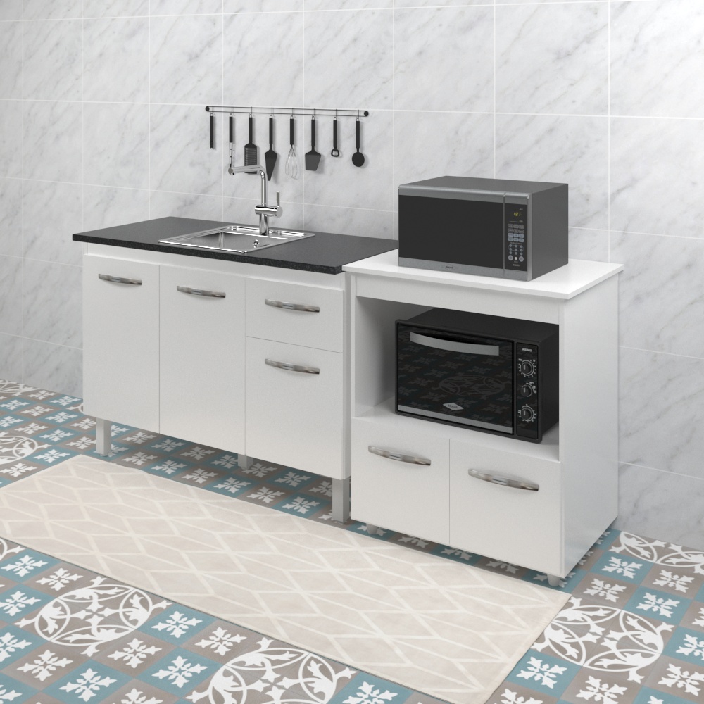 Armário Gabinete pia de 120 cm com Balcão multiuso micro-ondas Forno Elétrico Branco 