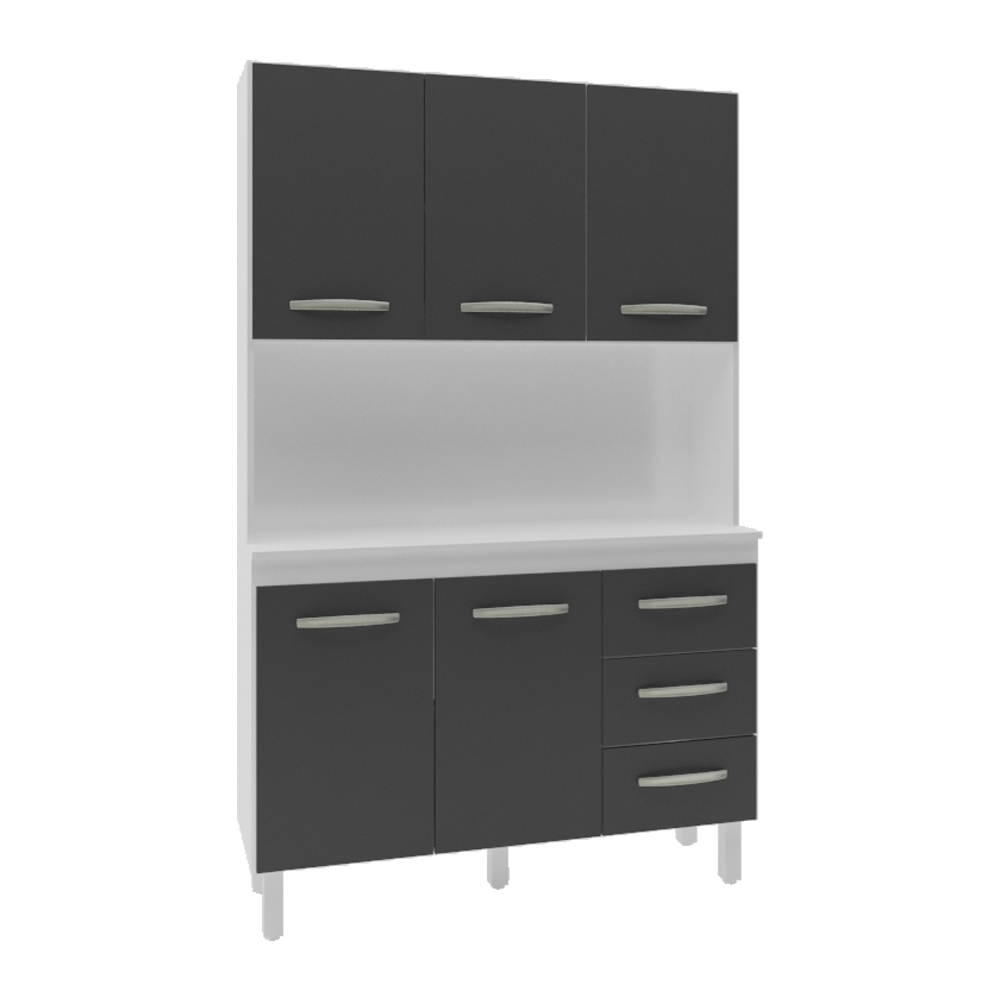 Armário Pequeno de Cozinha Compacto 5 portas 3 gavetas Amélia Moblis Móveis Branco Frente Preta 