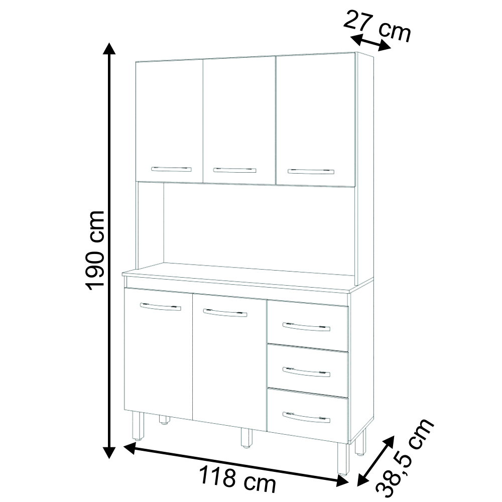 Armário Pequeno de Cozinha Compacto 5 portas 3 gavetas Amélia Moblis Móveis Branco Frente Preta 