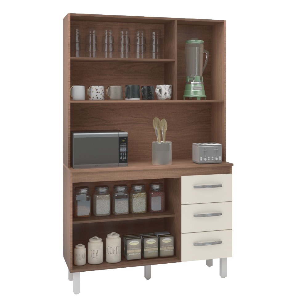 Armário Pequeno de Cozinha Compacto 5 portas 3 gavetas Amélia Moblis Móveis Savana Frente Off-White 