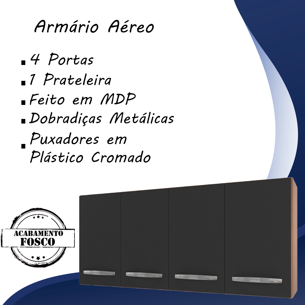 Armario Aereo 4 Portas 120cm 9160 Savana Preto Mobbs