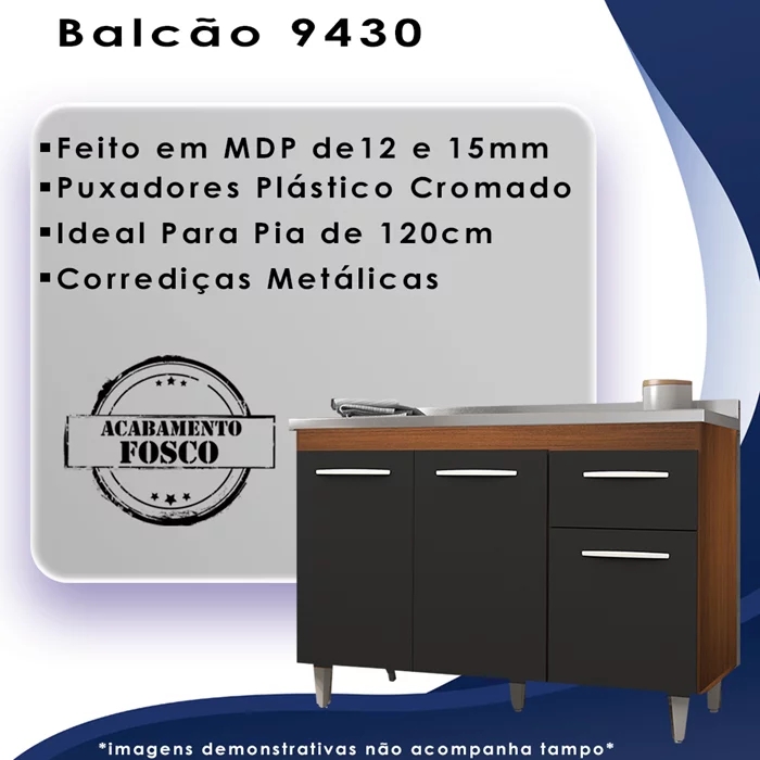 Armario Aereo 4 Portas e Balcao 120cm Savana Preto Mobbs
