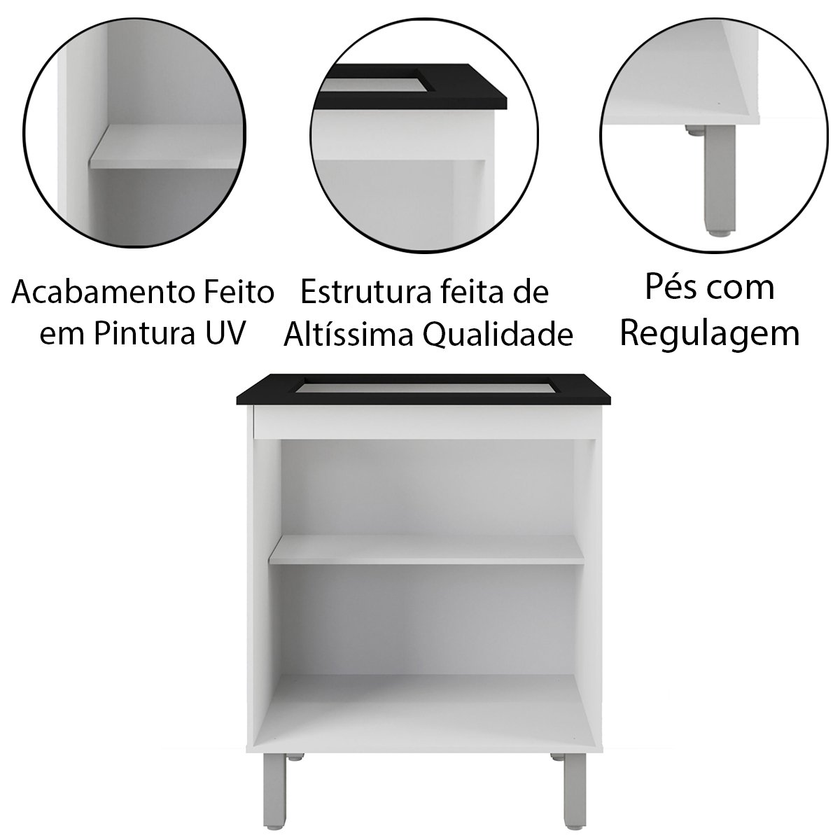 Balcão Cooktop 2 Portas 5 Bocas MDP UV Pés Reguláveis Jasmim Branco