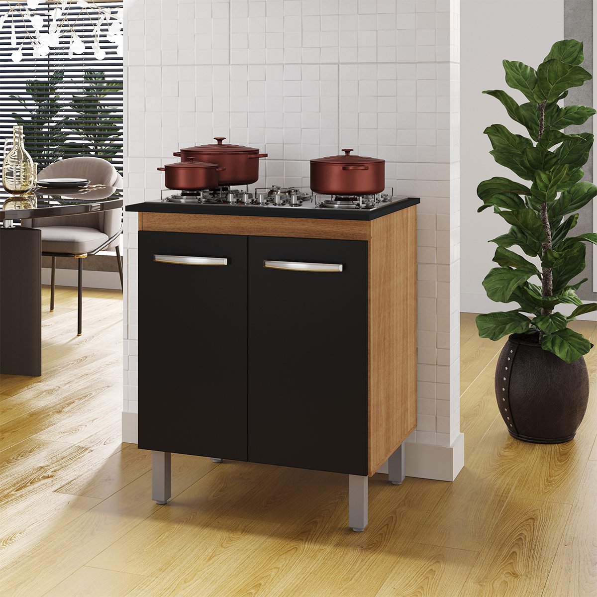 Balcão Cooktop 2 Portas 5 Bocas MDP UV Pés Reguláveis Jasmim Savana / Preto