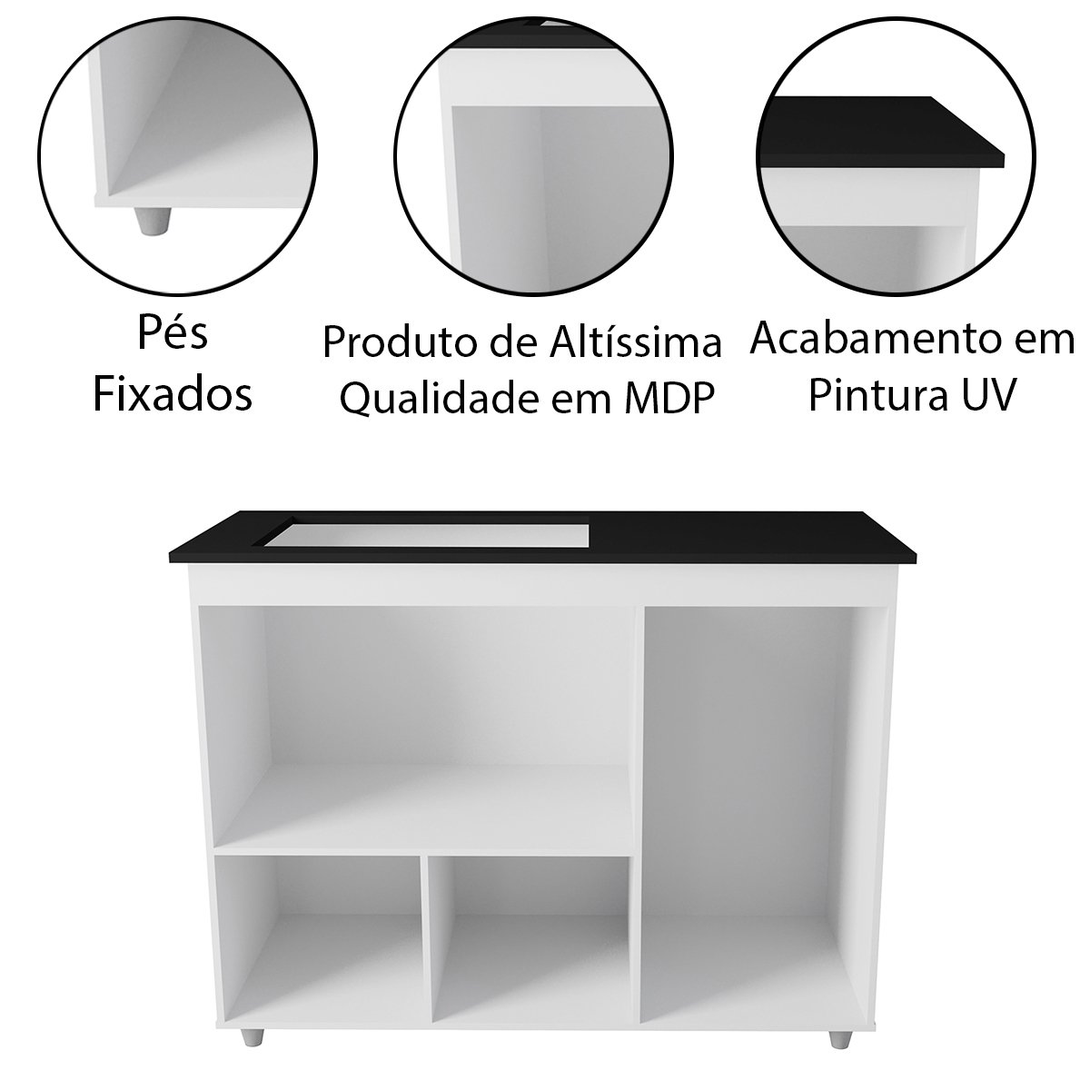 Balcão Cooktop 3 Portas MDP Dobradiças Metálicas Pés Anita Branco