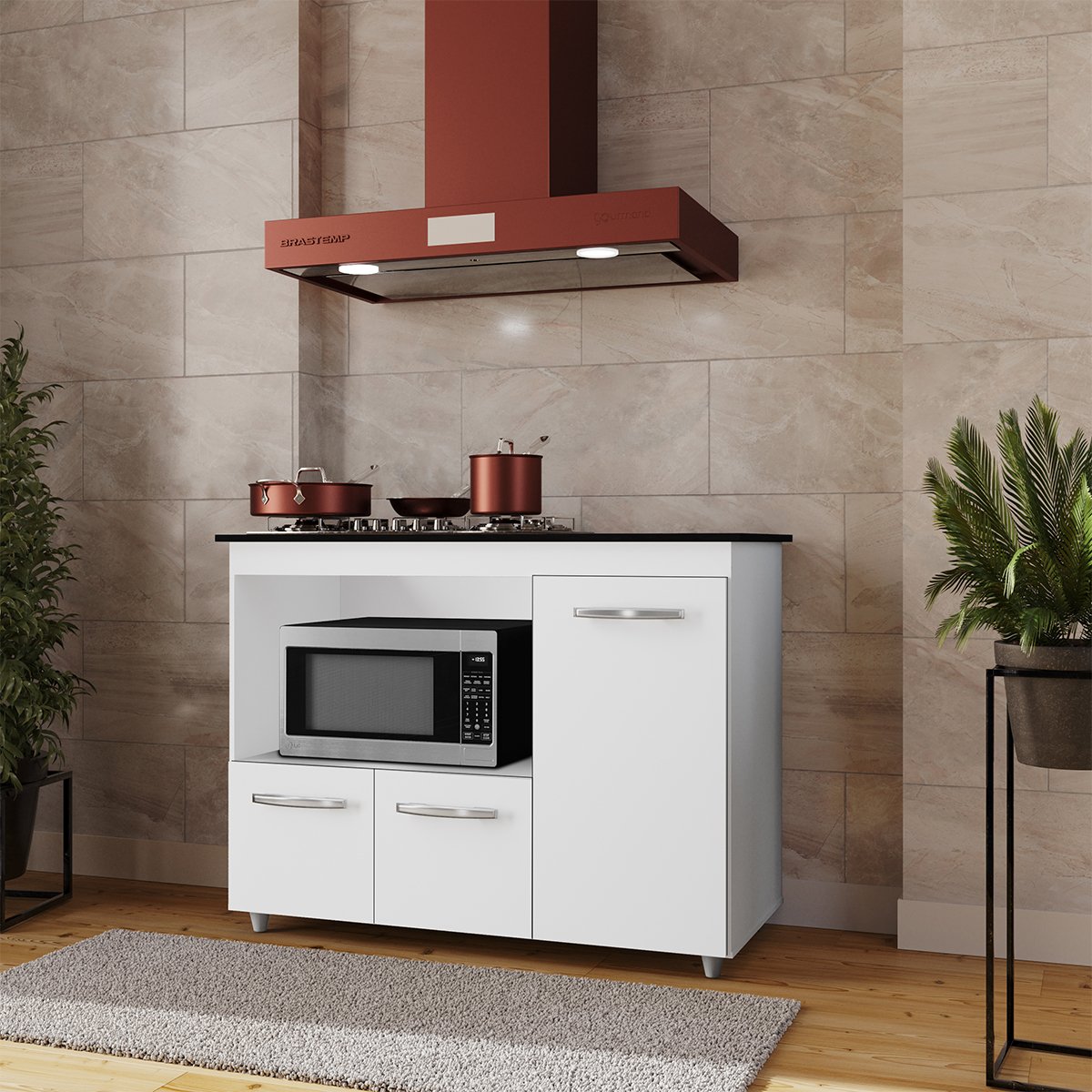 Balcão Cooktop 3 Portas MDP Dobradiças Metálicas Pés Anita Branco