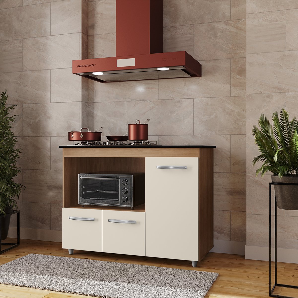 Balcão Cooktop 3 Portas MDP Dobradiças Metálicas Pés Anita Savana / Off White