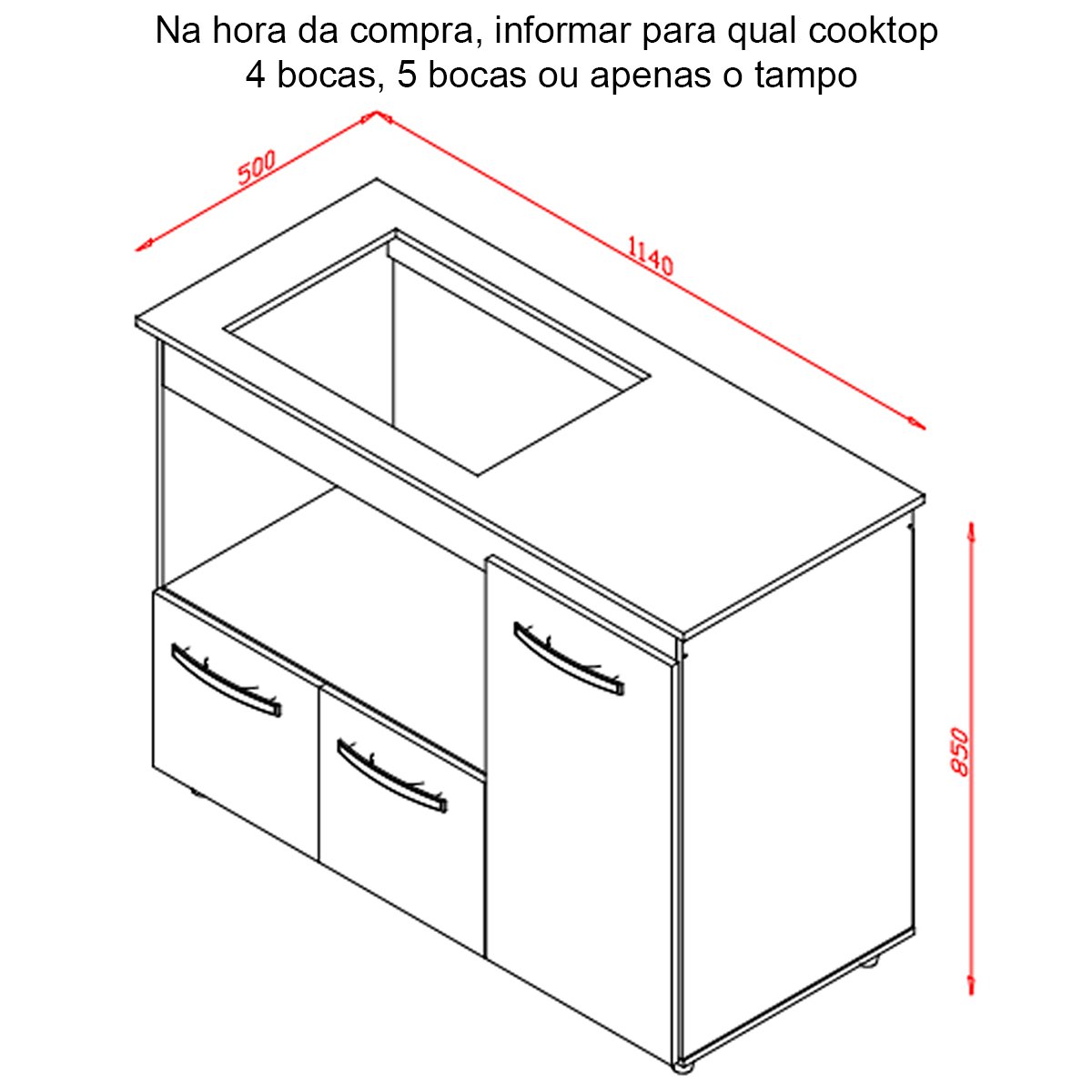 Balcão Cooktop 3 Portas MDP Dobradiças Metálicas Pés Anita Savana / Preto