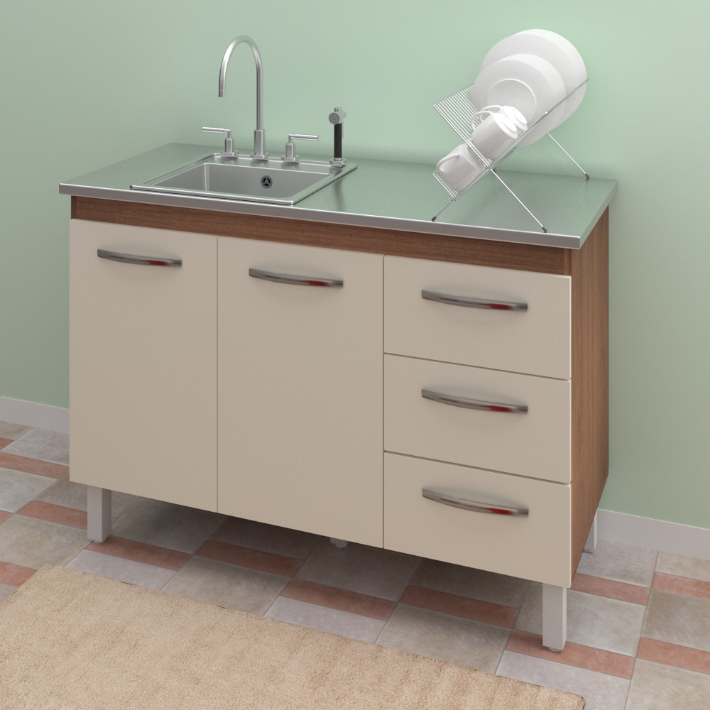 Balcão Cozinha Armário Gabinete para Pia de 120 cm Bianca 2 portas e 3 Gavetas Savana e Off-White 