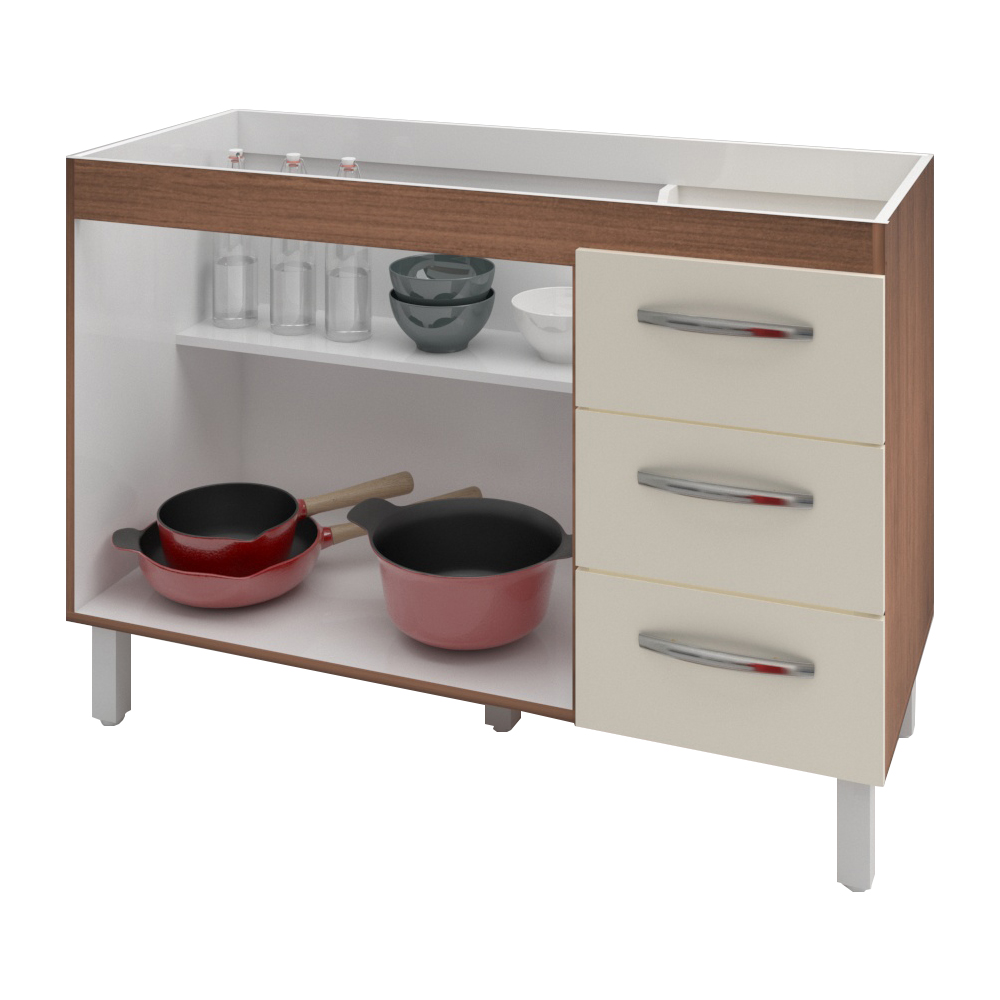 Balcão Cozinha Armário Gabinete para Pia de 120 cm Bianca 2 portas e 3 Gavetas Savana e Off-White 