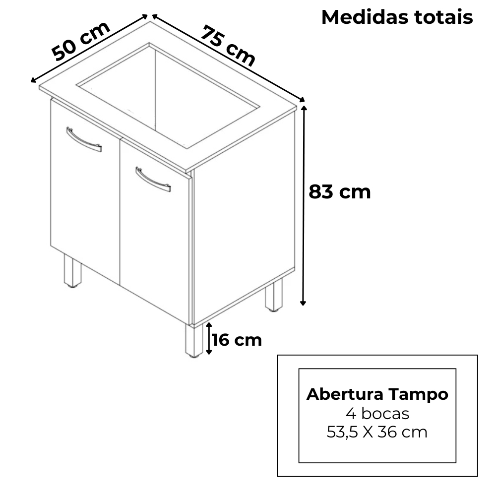 Balcao 75 cm Com Tampo Para Cooktop 4 Bocas 9250 Branco Mobbs