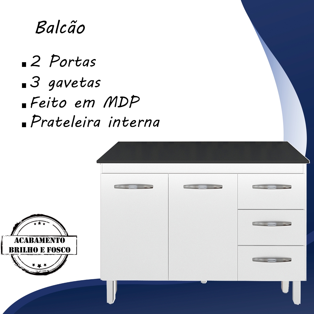Balcao Com Tampo 120cm 9110x9300 Branco Preto Mobbs