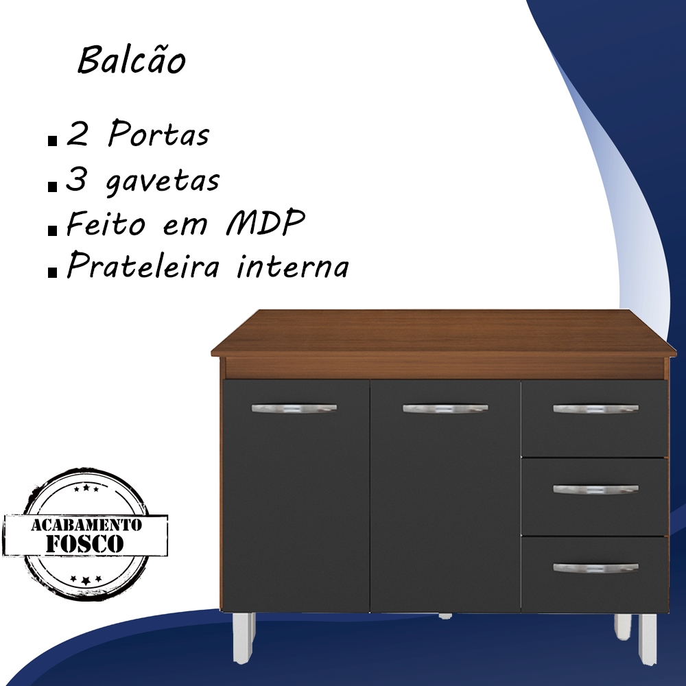 Balcao Com Tampo 120cm 9110x9300 Preto Savana Mobbs
