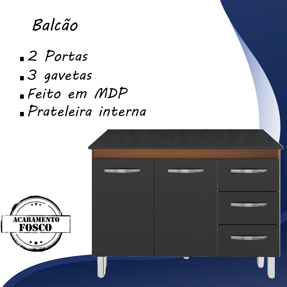 Balcao Com Tampo 120cm 9110x9300 Savana Preto Mobbs