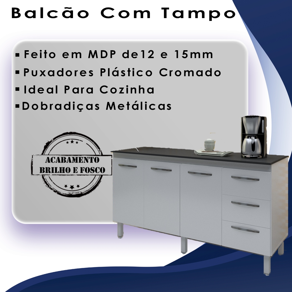 Balcao Com Tampo 150cm 9130x9310 Branco Preto Mobbs
