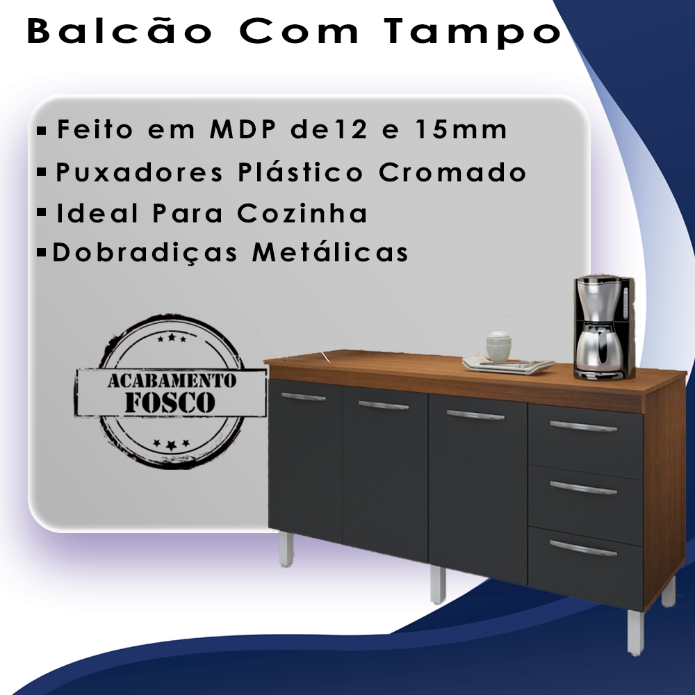 Balcao Com Tampo 160cm 9140X9320 Savana Preto Mobbs