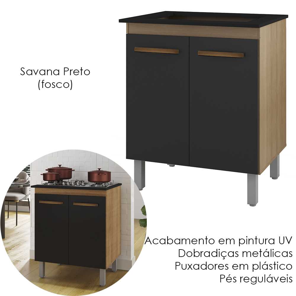 Balcao Com Tampo 75 cm Para Cooktop 5 Bocas 9255 Savana Preto Mobbs