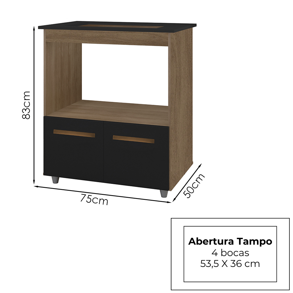 Balcao Com Tampo Cooktop 4 Bocas 75cm 9440 Savana Preto Mobbs