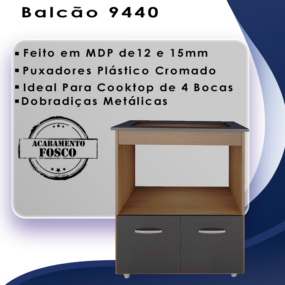 Balcao Com Tampo Cooktop 4 Bocas 75cm 9440 Savana Preto Mobbs