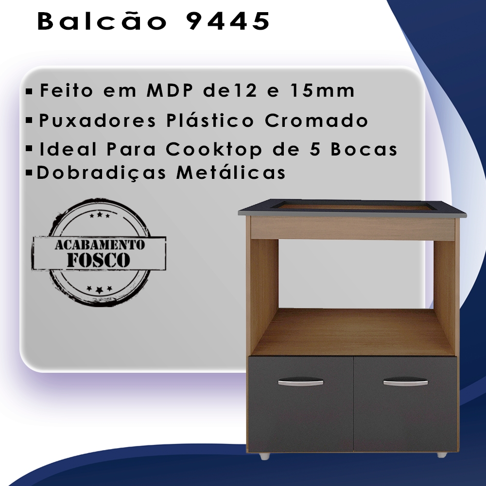 Balcao Com Tampo Cooktop 5 Bocas 75cm 9445 Savana Preto Mobbs