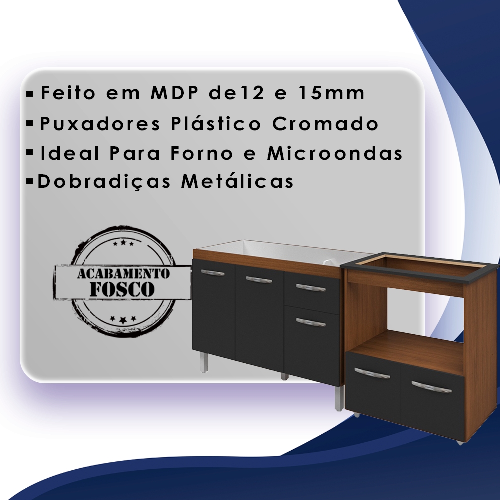 Balcao Cooktop 4 Bocas e Pia 120cm Savana Preto Mobbs