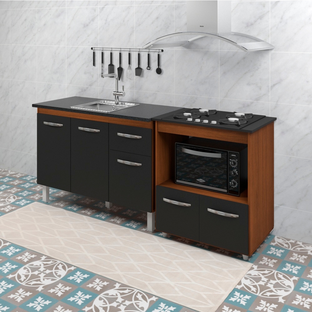Balcao Cooktop 4 Bocas e Pia 120cm Savana Preto Mobbs