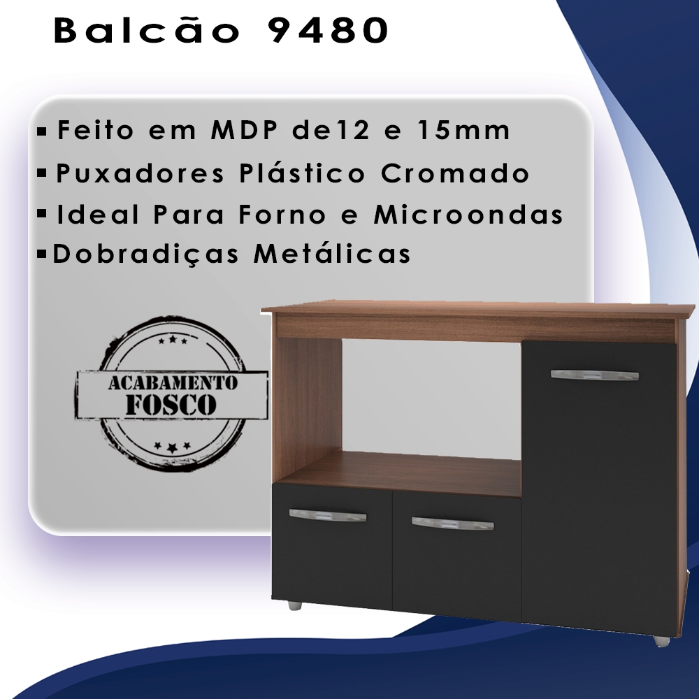 Balcao Multiuso 3 Portas 114cm 9480 Savana Preto Mobbs