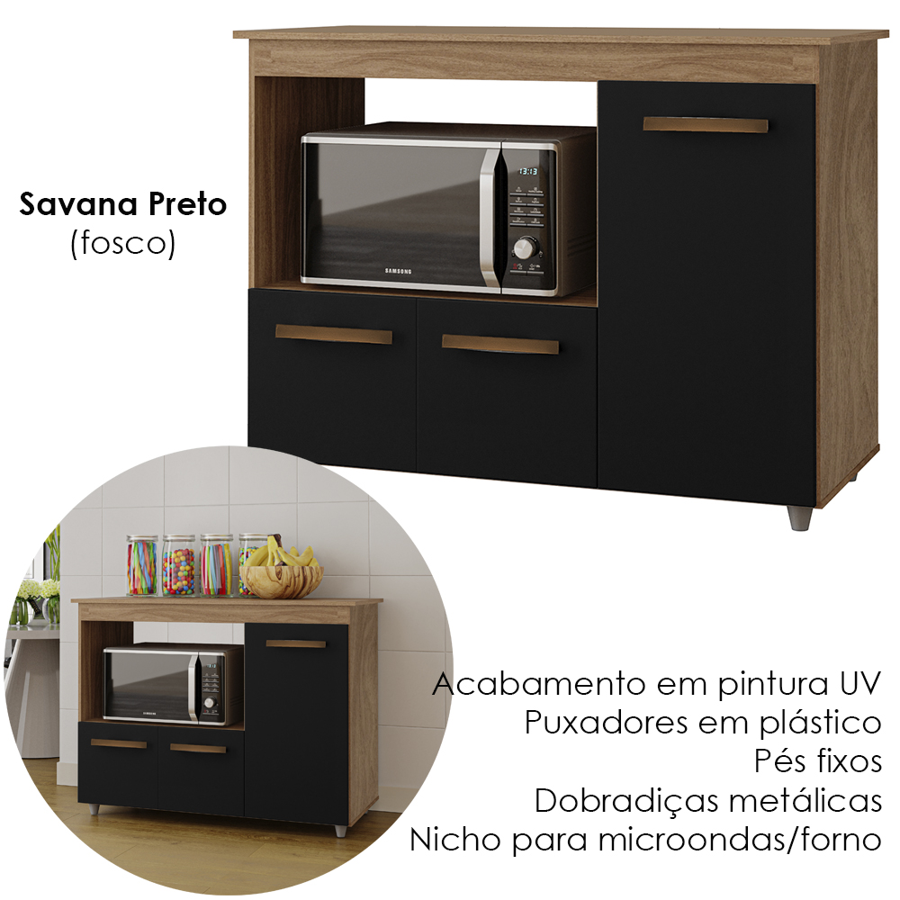 Balcao Multiuso 3 Portas 114cm 9480 Savana Preto Mobbs
