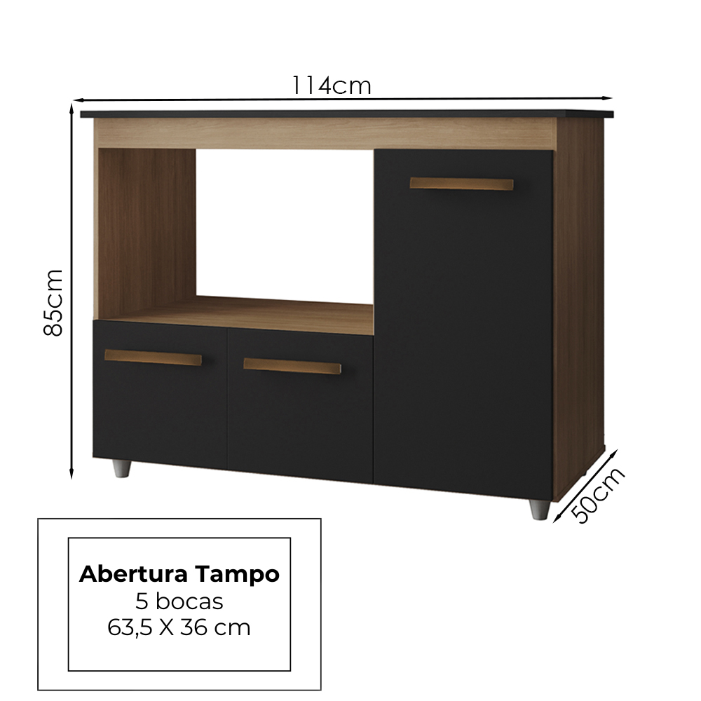 Balcao Para Cooktop 5 Bocas 114cm 9475 Savana Preto Mobbs