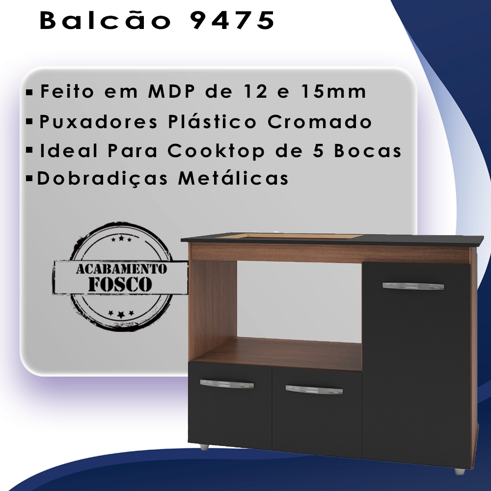 Balcao Para Cooktop 5 Bocas 114cm 9475 Savana Preto Mobbs