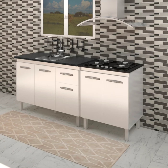 Balcao Pia 120cm e Cooktop 4 Bocas Branco Mobbs