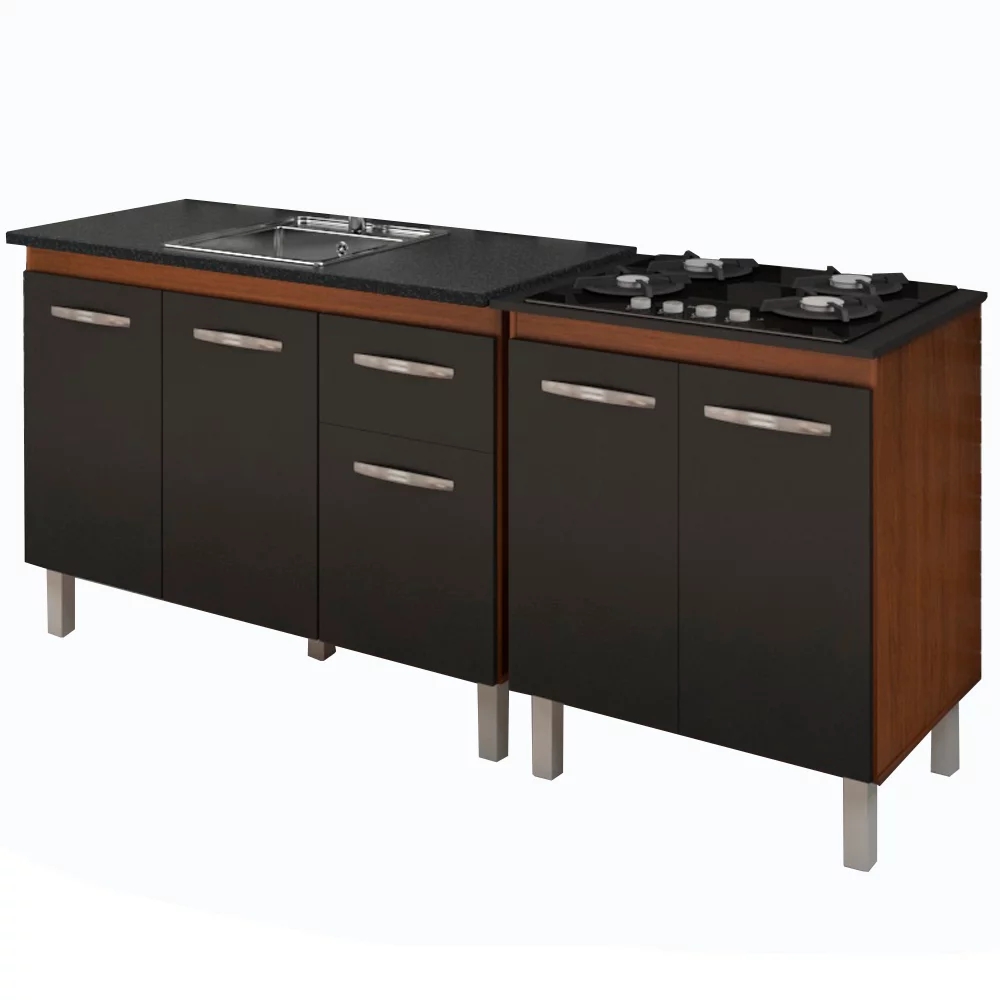 Balcao Pia 120cm e Cooktop 4 Bocas Savana Preto Mobbs