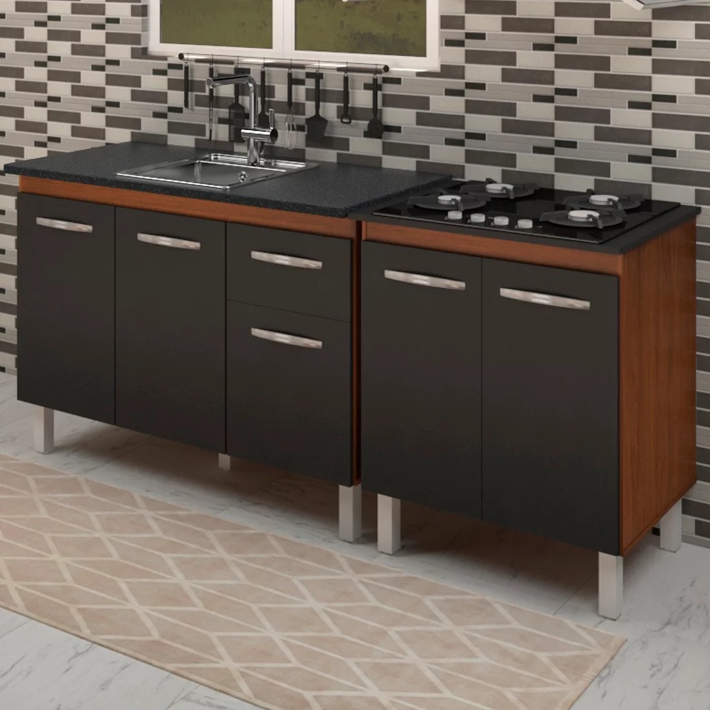 Balcao Pia 120cm e Cooktop 4 Bocas Savana Preto Mobbs