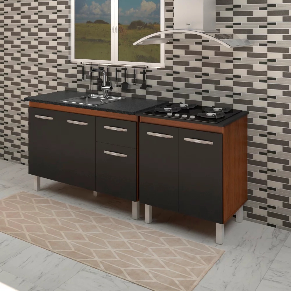 Balcao Pia 120cm e Cooktop 4 Bocas Savana Preto Mobbs