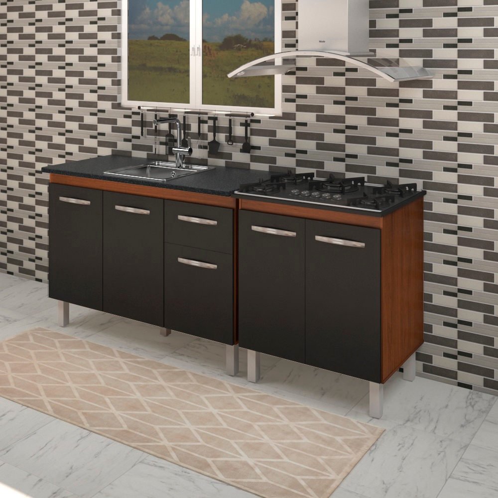 Balcao Pia 120cm e Cooktop 5 Bocas Savana Preto Mobbs