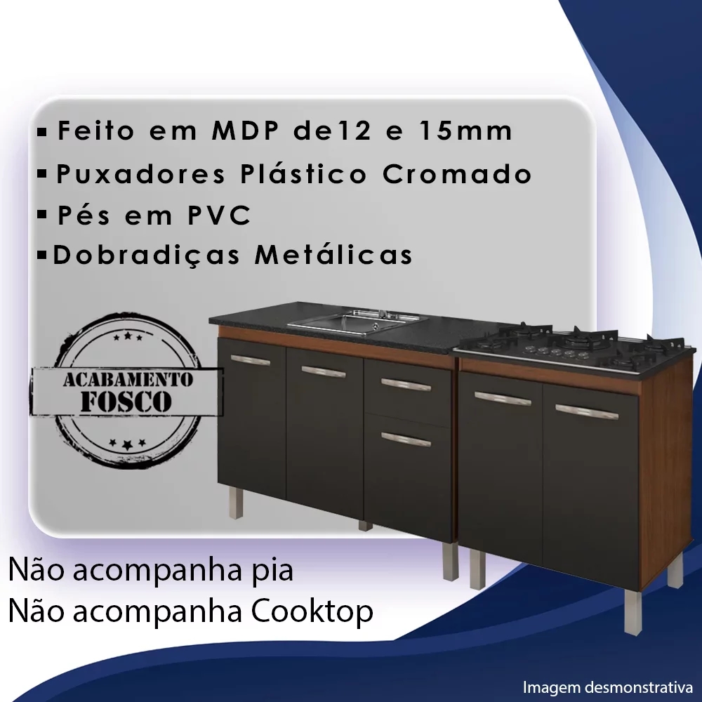 Balcao Pia 120cm e Cooktop 5 Bocas Savana Preto Mobbs