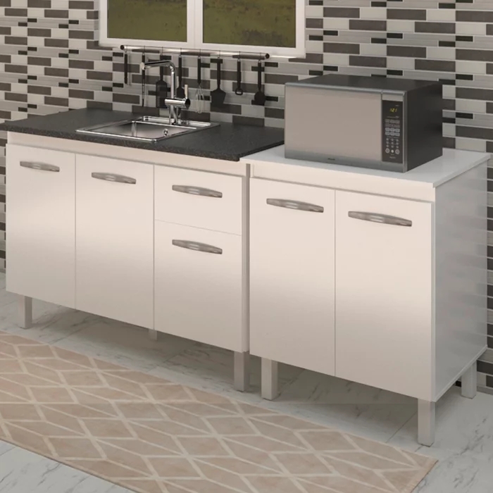 Balcao Pia 120cm e Multiuso 2 Portas 70cm Branco Mobbs