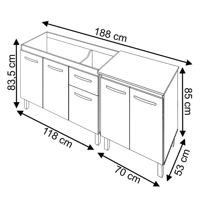 Balcao Pia 120cm e Multiuso 2 Portas 70cm Branco Mobbs