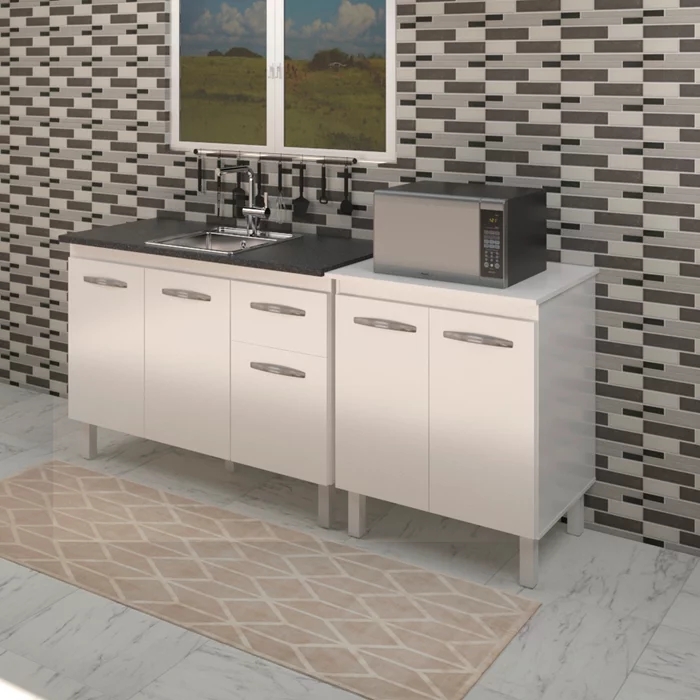 Balcao Pia 120cm e Multiuso 2 Portas 70cm Branco Mobbs
