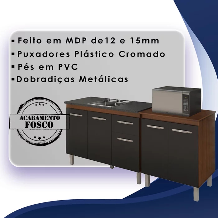 Balcao Pia 120cm e Multiuso 2 Portas 70cm Savana Preto Mobbs